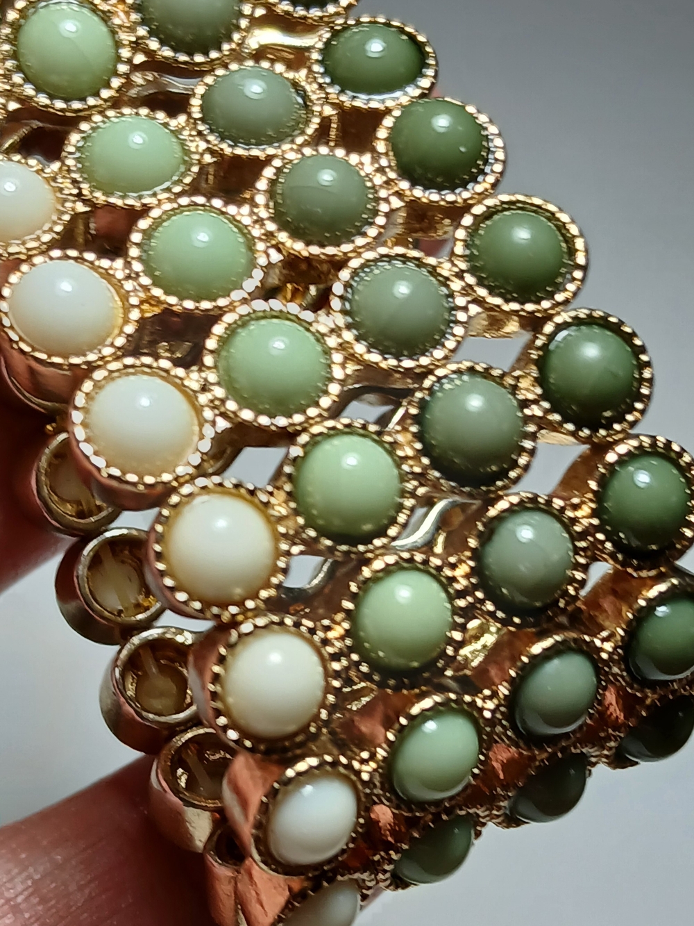 Gold-Tone Green and Cream Bead Cluster Bracelet